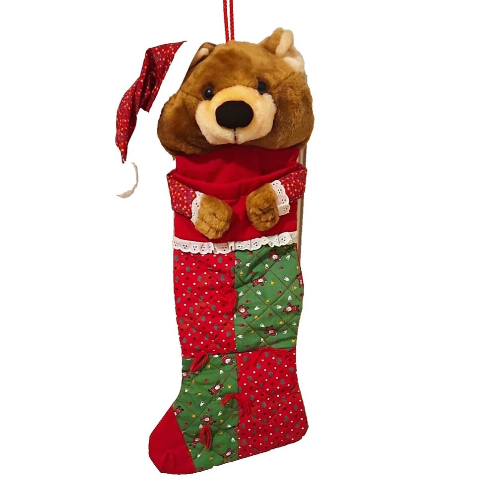 Christmas Stocking Plush Bear Red/Green Patchwork Hanging Loop 1990s Vintage